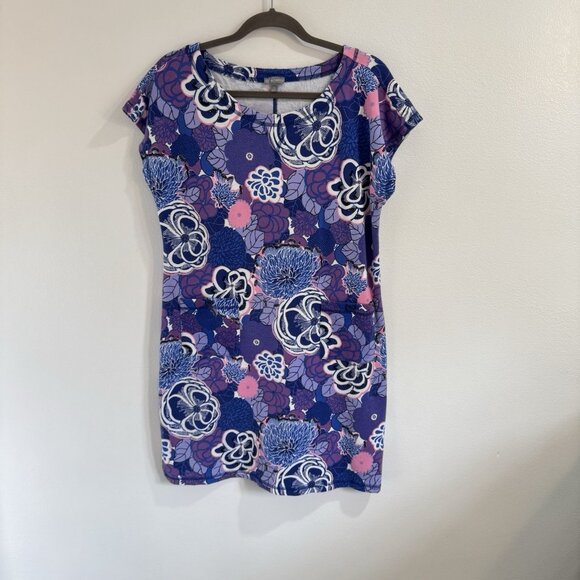 Talbots T-Shirt Dress LP Petite Floral Purple Pink Pockets Stretch French Terry - Picture 1 of 9